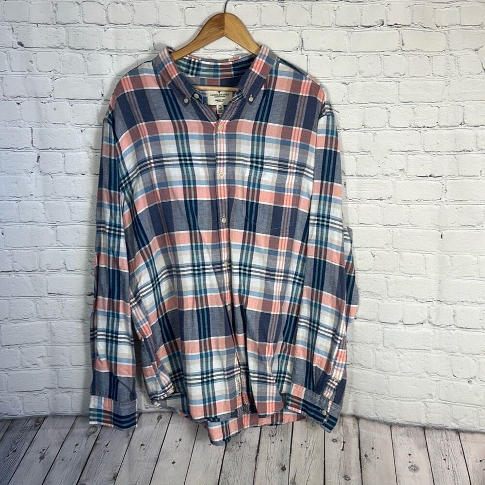 American Eagle Men’s Linen Blend Plaid Button Down Shirt side XXL Blue Orange